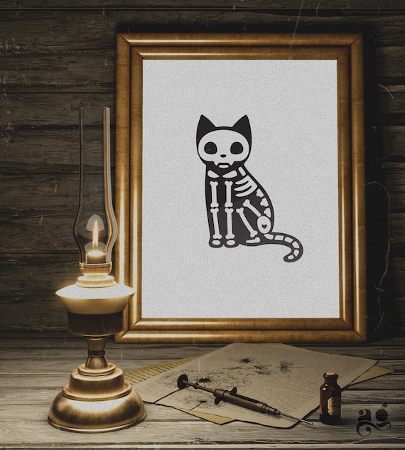 Cute Skeleton Black Cat Primitive Halloween Spooky Decor Poster