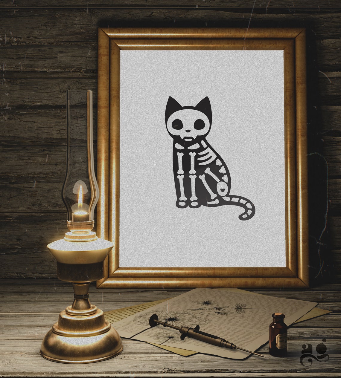 Cute Skeleton Black Cat Primitive Halloween Spooky Decor Poster