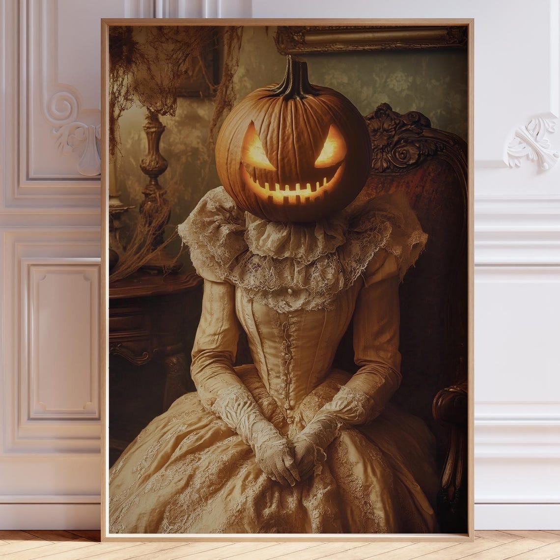 Victorian Pumpkin Head Lady Spooky Halloween Art Wall Poster