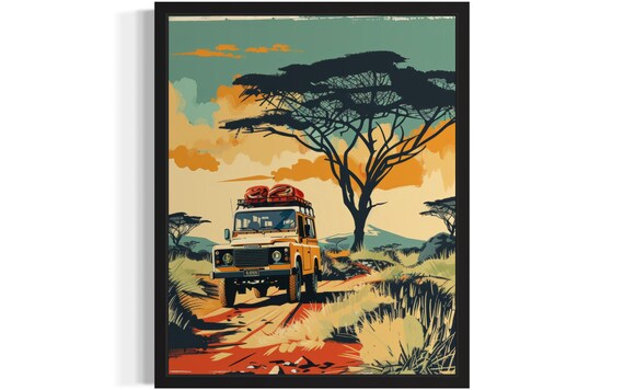 Retro Safari Land Rover 4x4 Driving African Dirt Road Poster