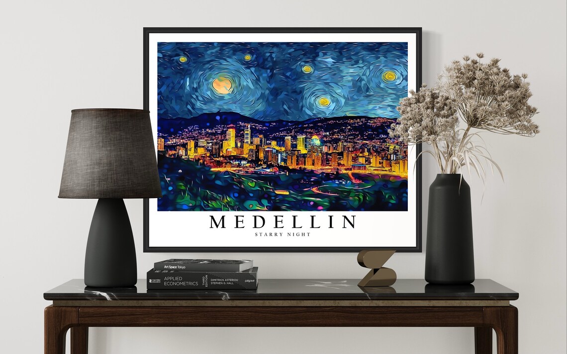 Medellin Colombia Starry Night Valley City Lights Glowing Night Art Poster - Image 3