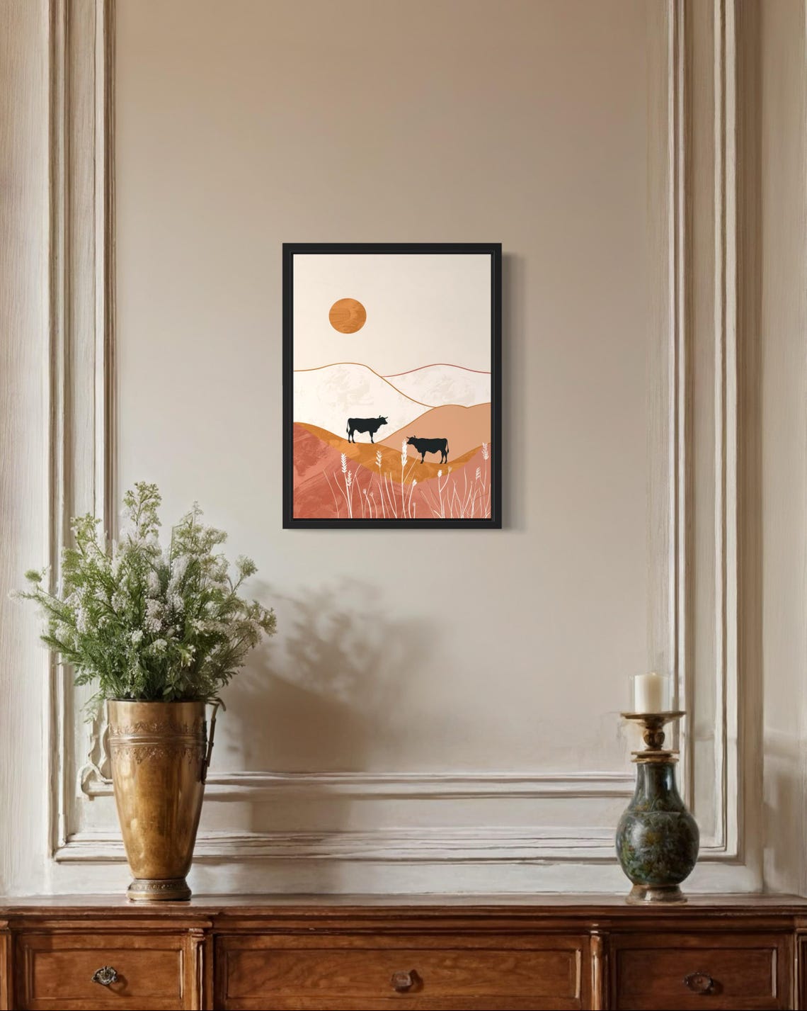 Black Cow Silhouettes Sunset Hills Terracotta Landscape Art Poster - Image 2