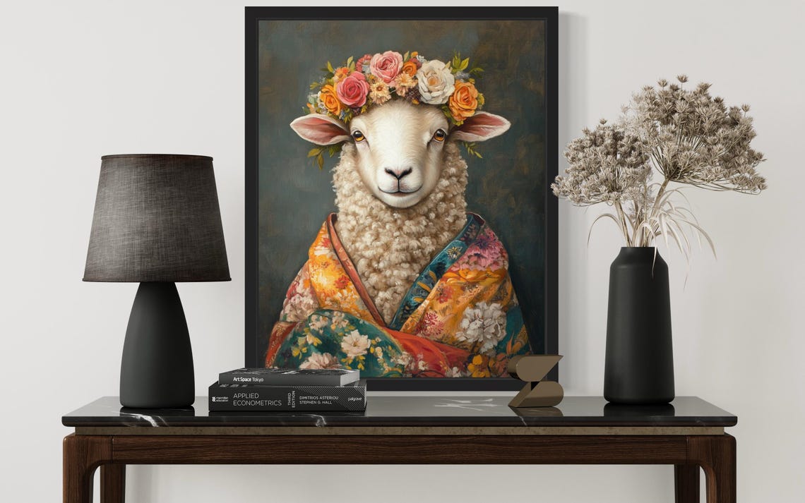 Smiling Sheep Wearing Flower Crown and Floral Kimono Art Poster - Image 3