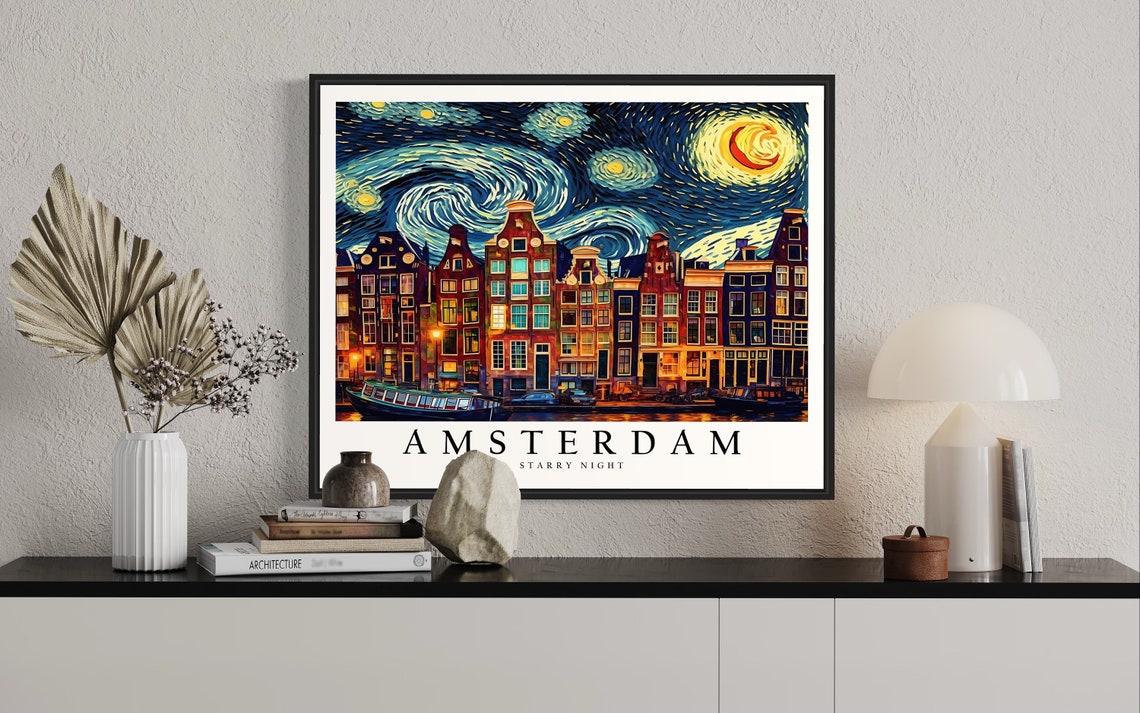 Amsterdam Canal Houses Under Van Gogh Starry Night Sky Poster - Image 2