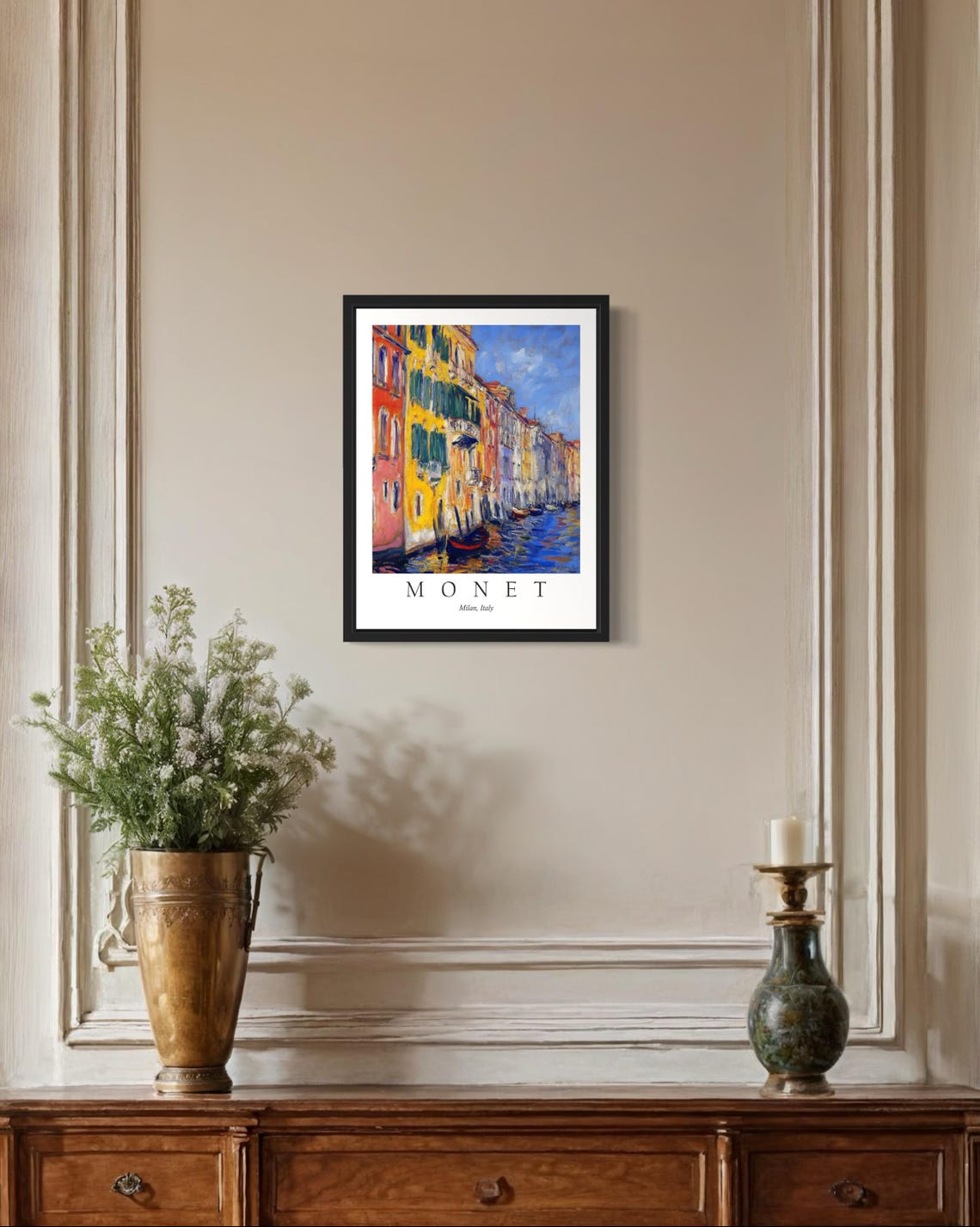 Colorful Canal Front Houses in Milan Italy Monet Style Poster - Image 2
