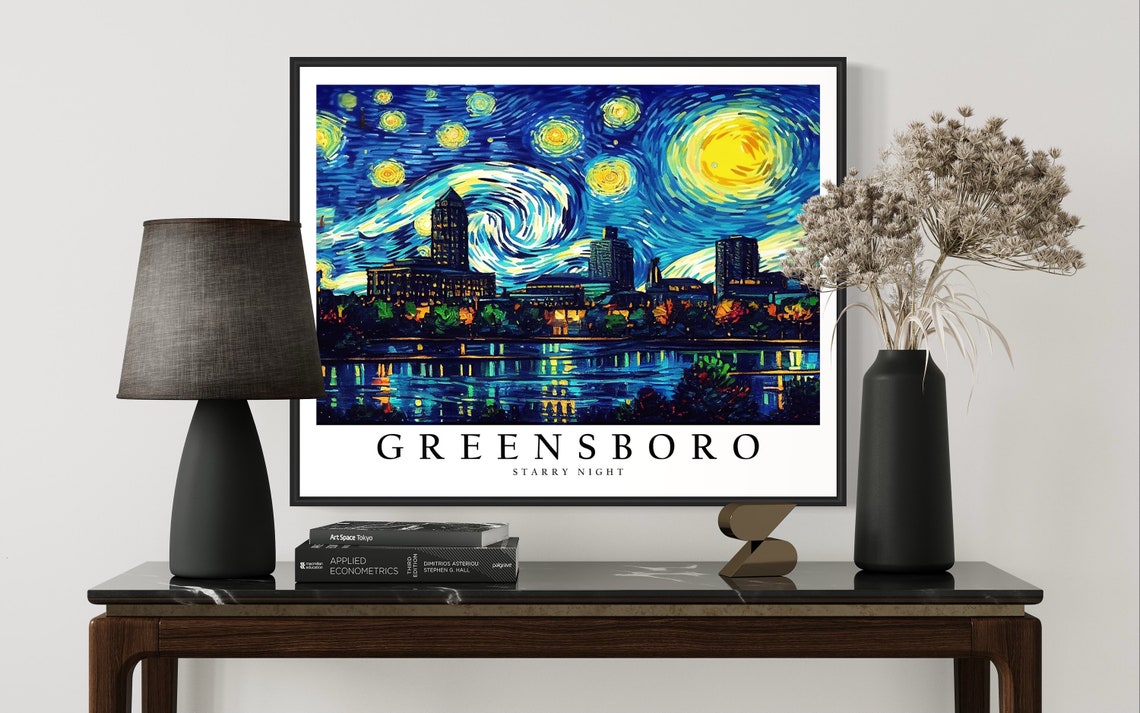 Greensboro Starry Night Skyline Lake Reflection City Night Poster - Image 4