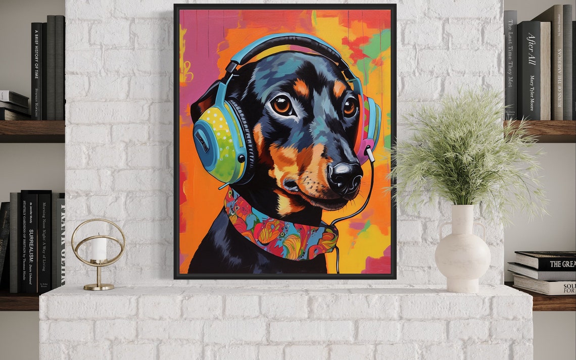 Happy Dachshund Wearing Headphones in Colorful Pop Art Style Poster - Image 4