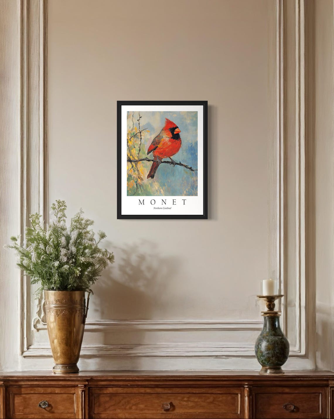 Northern Cardinal on a Winter Branch Monet Style Songbird Poster - Image 2