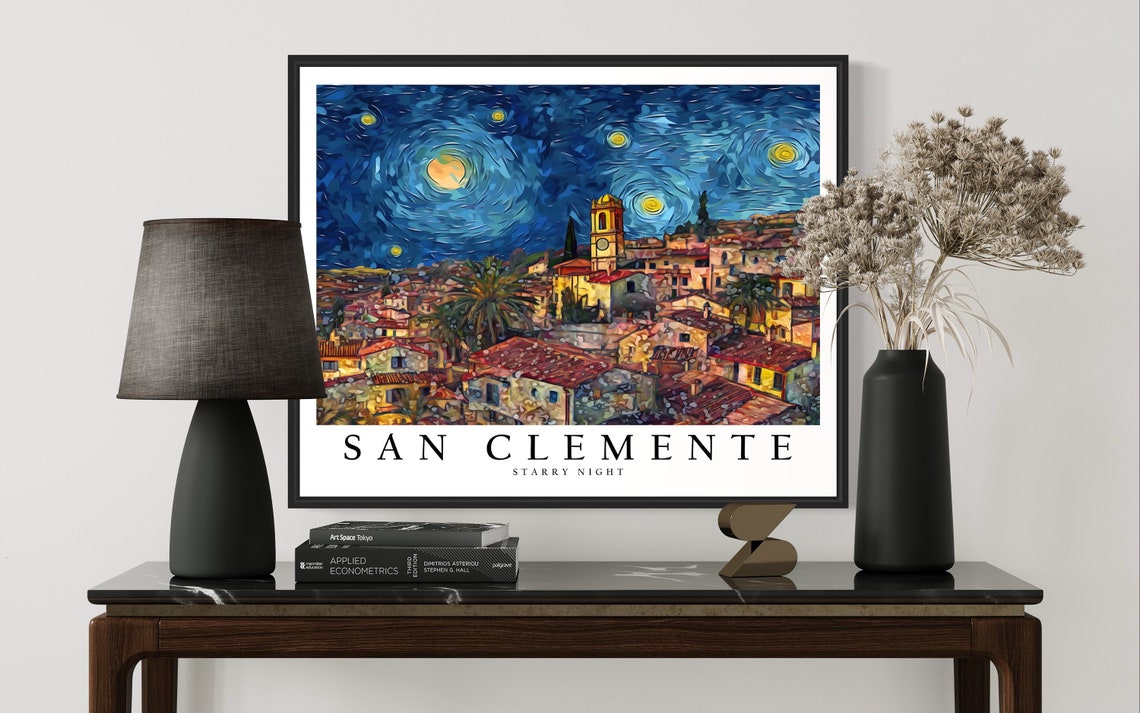 San Clemente Starry Night Hillside Town Church Tower Moonlit Poster - Image 3
