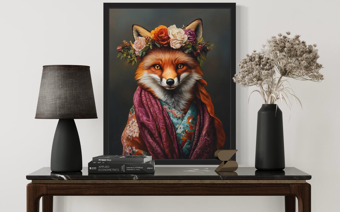 Red Fox Wearing Flower Crown and Autumn Kimono Fine Art Decor Poster - Image 2