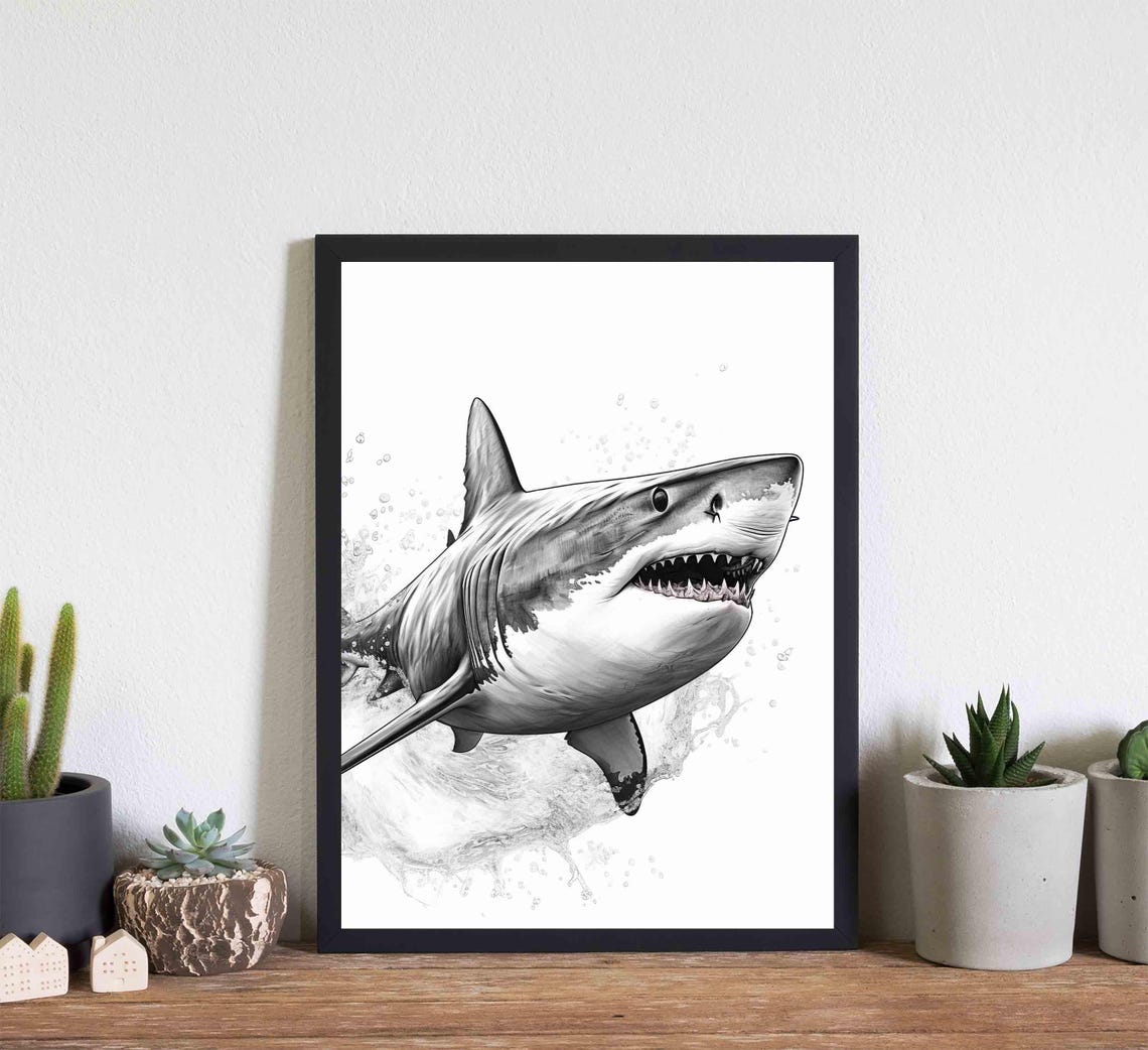 Great White Shark Black and White Breaching Ocean Wave Poster - Image 2