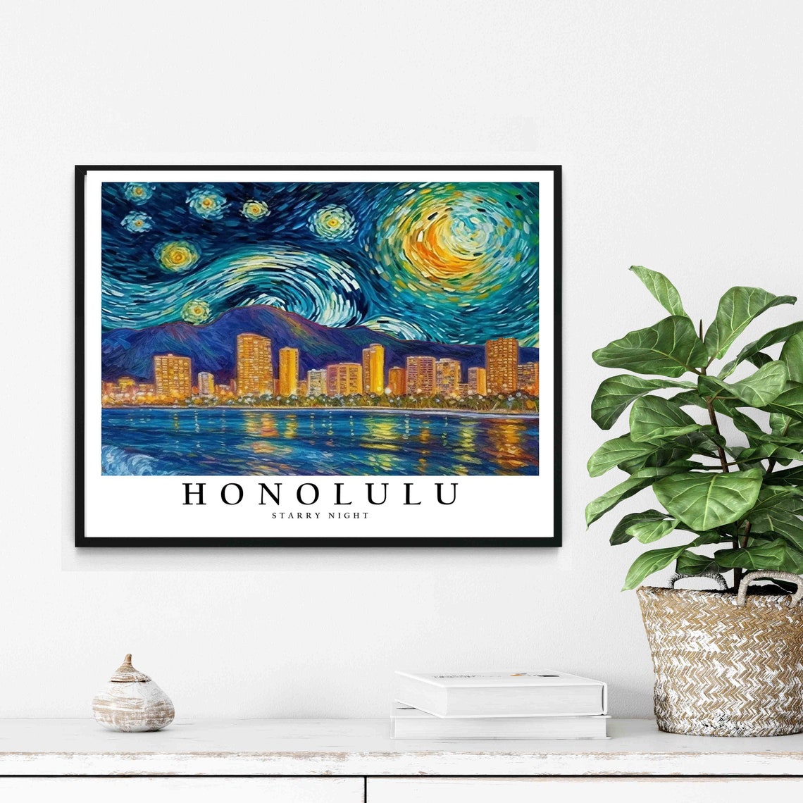 Honolulu Starry Night Van Gogh Style Ocean Skyline Art Poster - Image 2