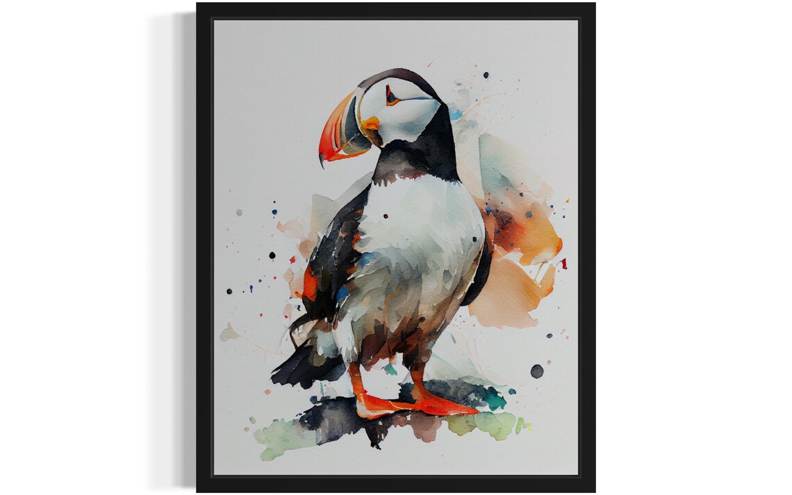 Atlantic Puffin with Splashes of Color Watercolor Bird Art Poster