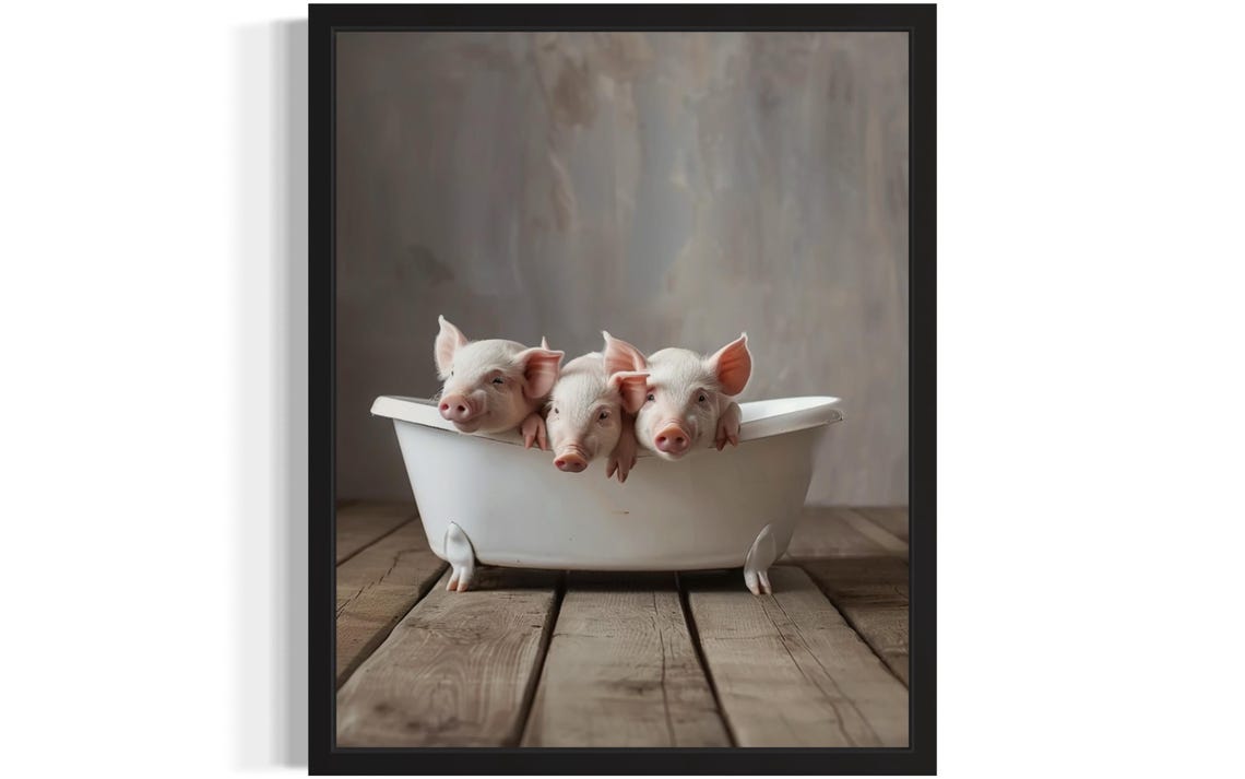 Three Pink Piglets Lined Up In Vintage Bathtub Funny Animal Poster