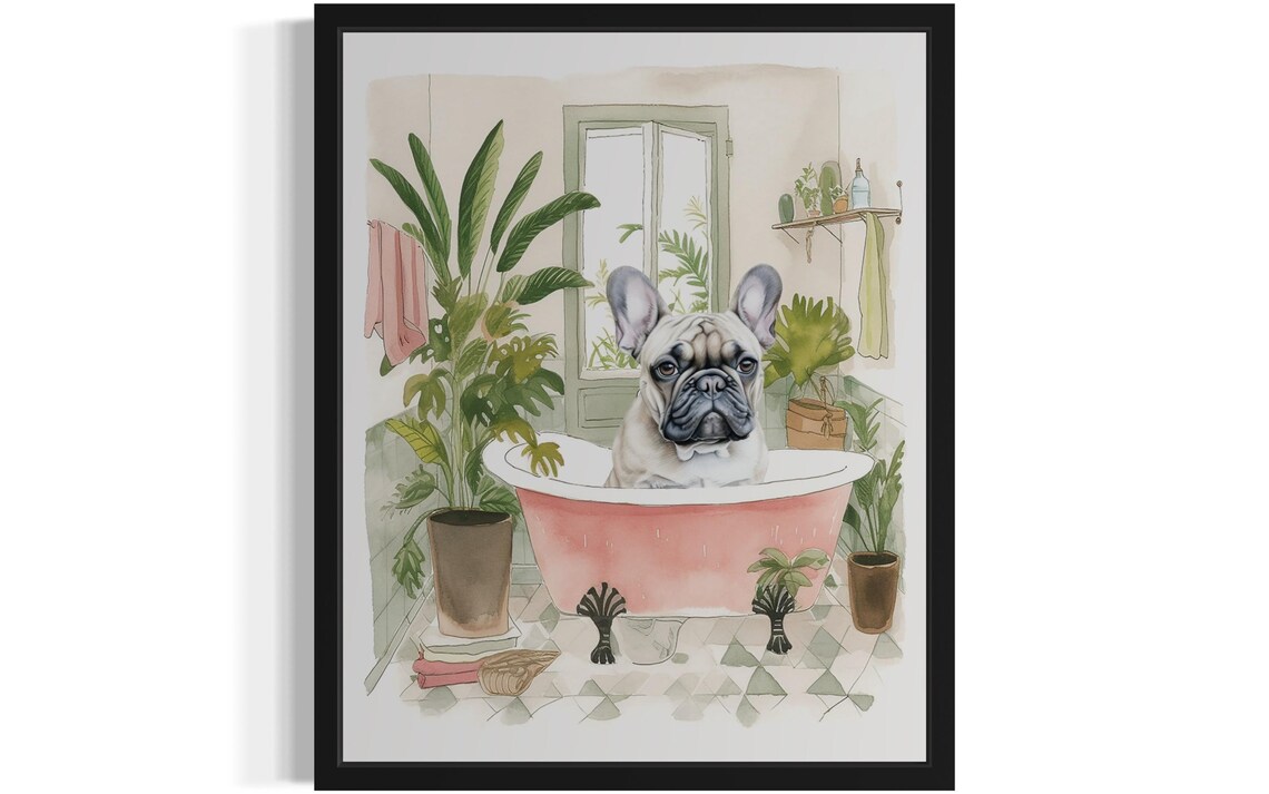 French Bulldog Bath Time Pink Clawfoot Tub Botanical Art Poster