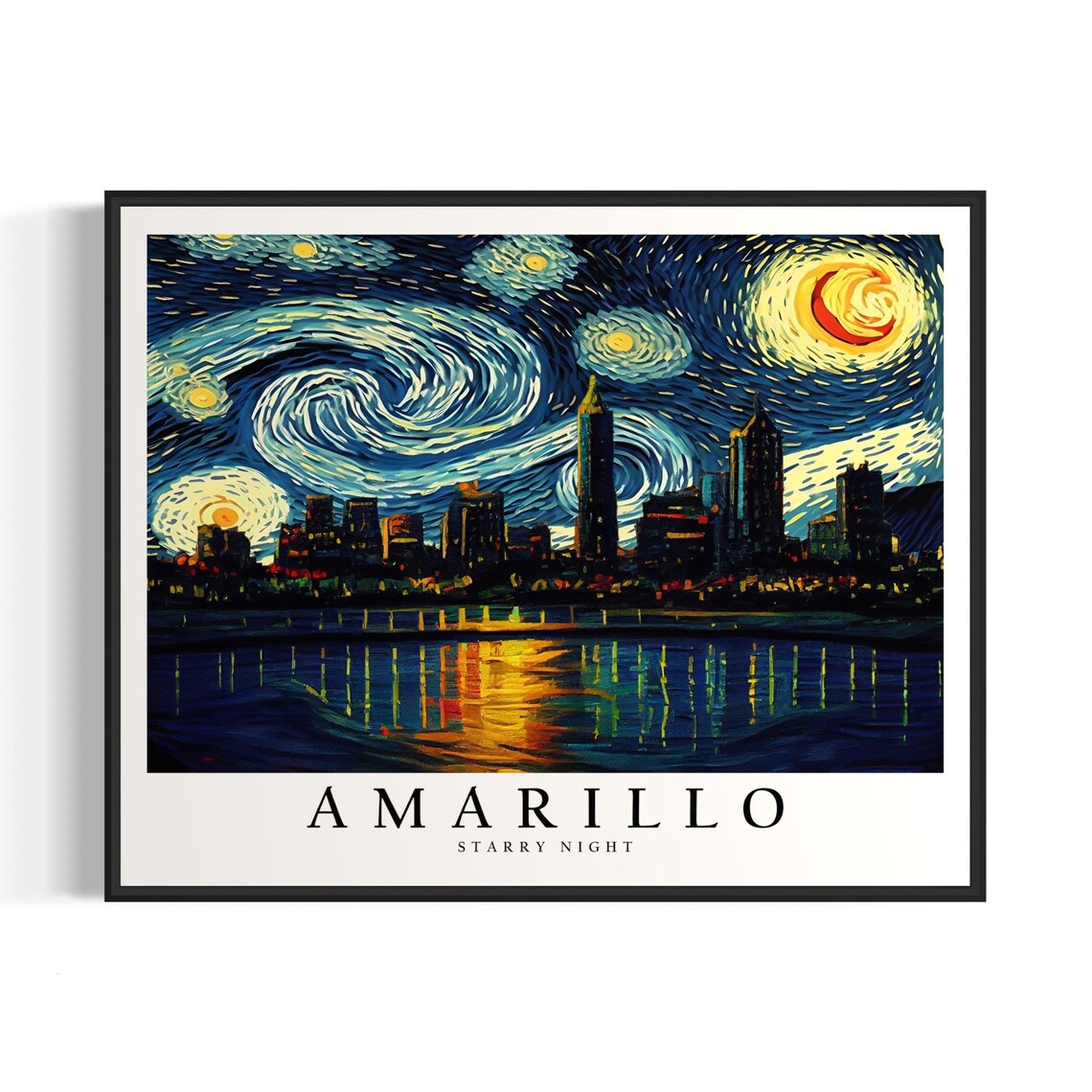 Amarillo Texas Starry Night Skyline Glowing Water Reflection Art Poster