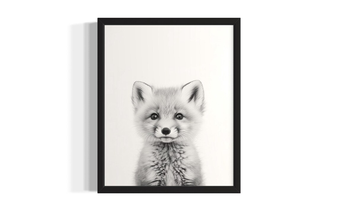 Cute Baby Arctic Fox Black and White Nursery Animal Photo Poster