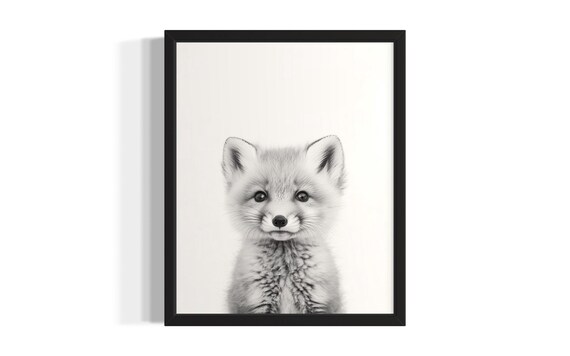 Artic Fox Animal Black And White Poster Art Print Living Room Wall Original Paint Artwork Decor
