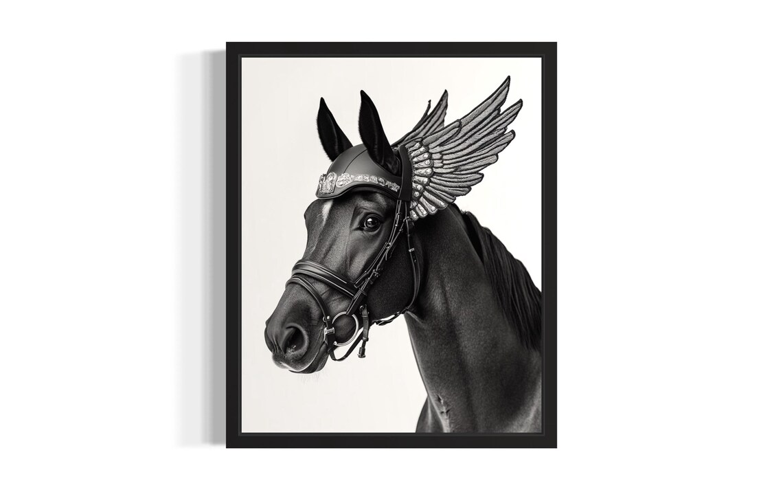 Black Horse in Winged Helmet Mythical Warrior Equine Portrait Poster