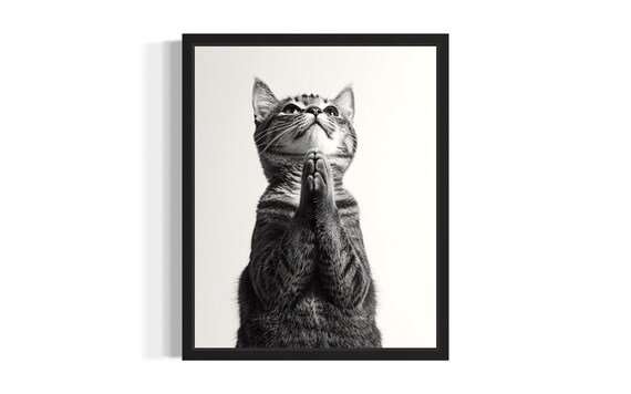 Praying Tabby Cat Paws Together Black And White Funny Portrait Poster