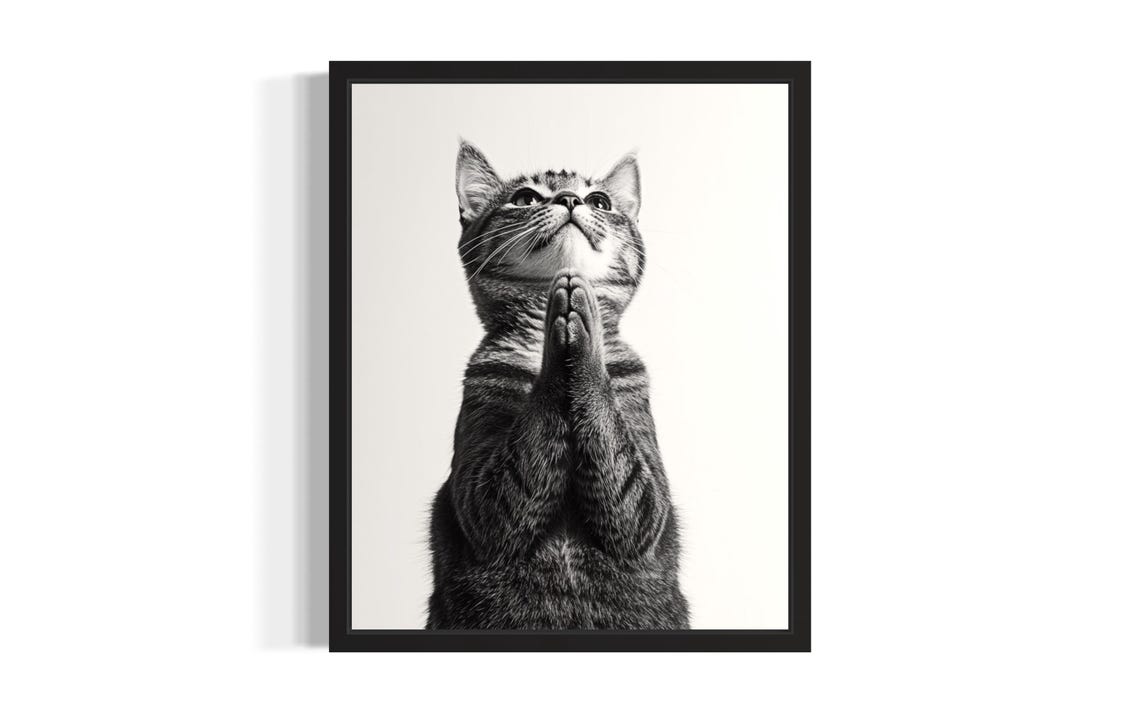 Praying Tabby Cat Paws Together Black And White Funny Portrait Poster