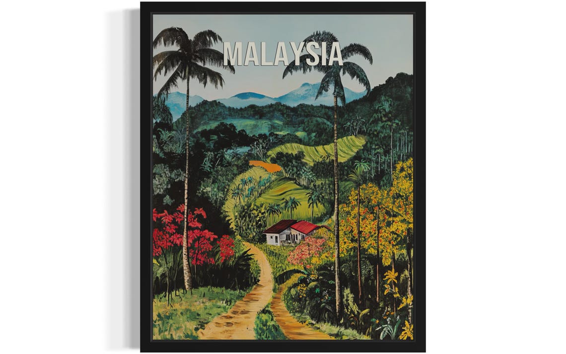 Malaysia Rainforest Valley with Palms and Terraced Hills Travel Poster