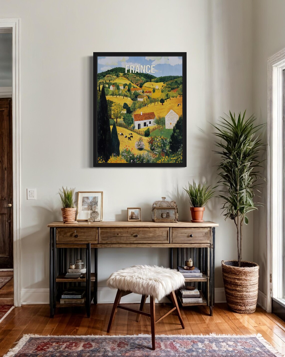 France Golden Provencal Farmhouse Tall Cypress Folk Art Poster - Image 2
