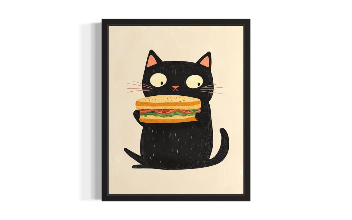 Cute Black Cat Holding Giant Sandwich Fun Minimalist Art Poster