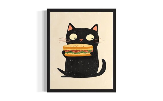 Cute Black Cat Holding Giant Sandwich Fun Minimalist Art Poster