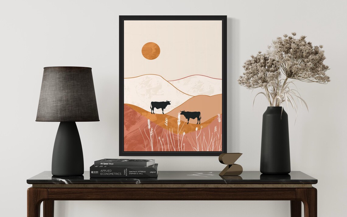 Black Cow Silhouettes Sunset Hills Terracotta Landscape Art Poster - Image 3