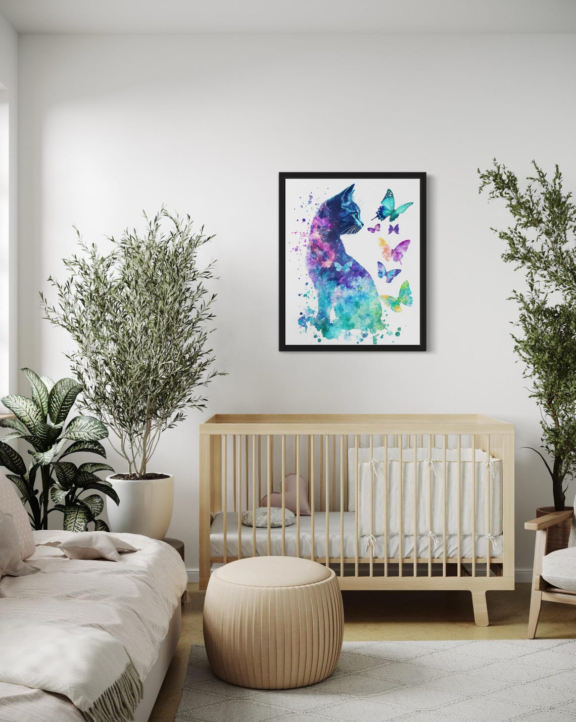 Galaxy Watercolor Cat Silhouette Surrounded by Butterflies Poster - Image 4