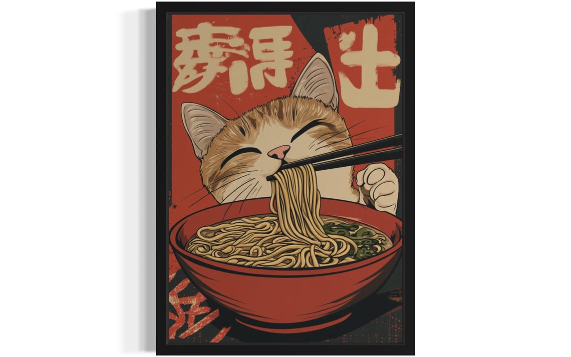 Funny Ramen Cat Poster Print