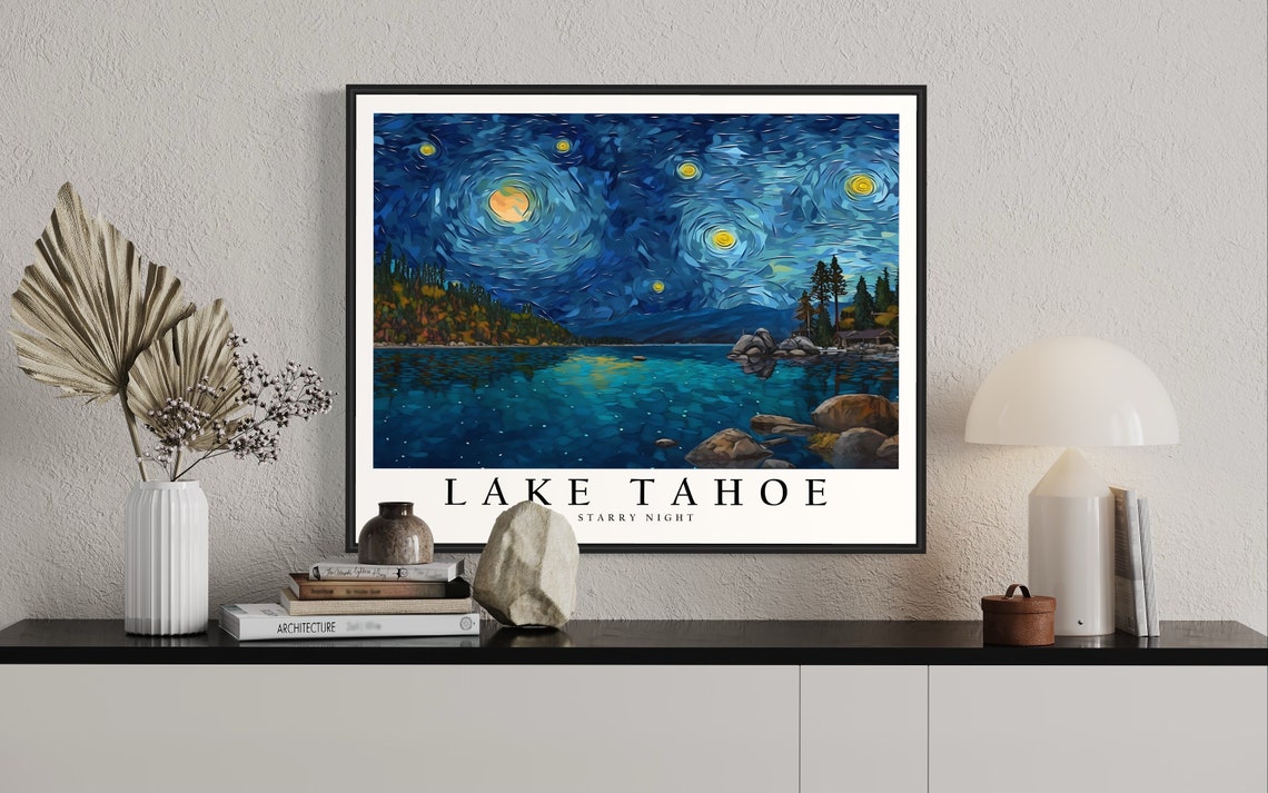 Lake Tahoe Starry Night Moonlit Lake Impasto Landscape Poster - Image 2