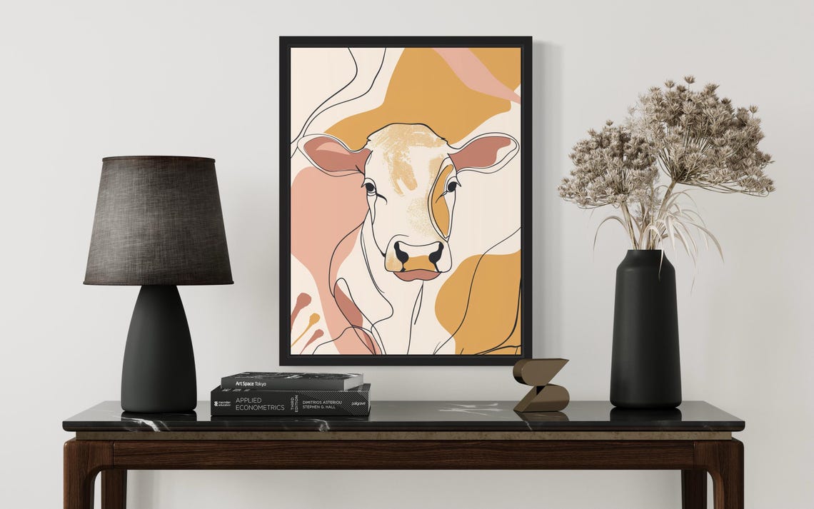Cow Head Gentle Line Art Abstract Warm Beige Modern Art Poster - Image 3