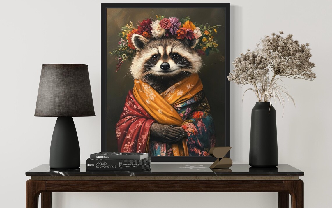 Raccoon Wearing Flower Crown and Golden Floral Kimono Art Poster - Image 3