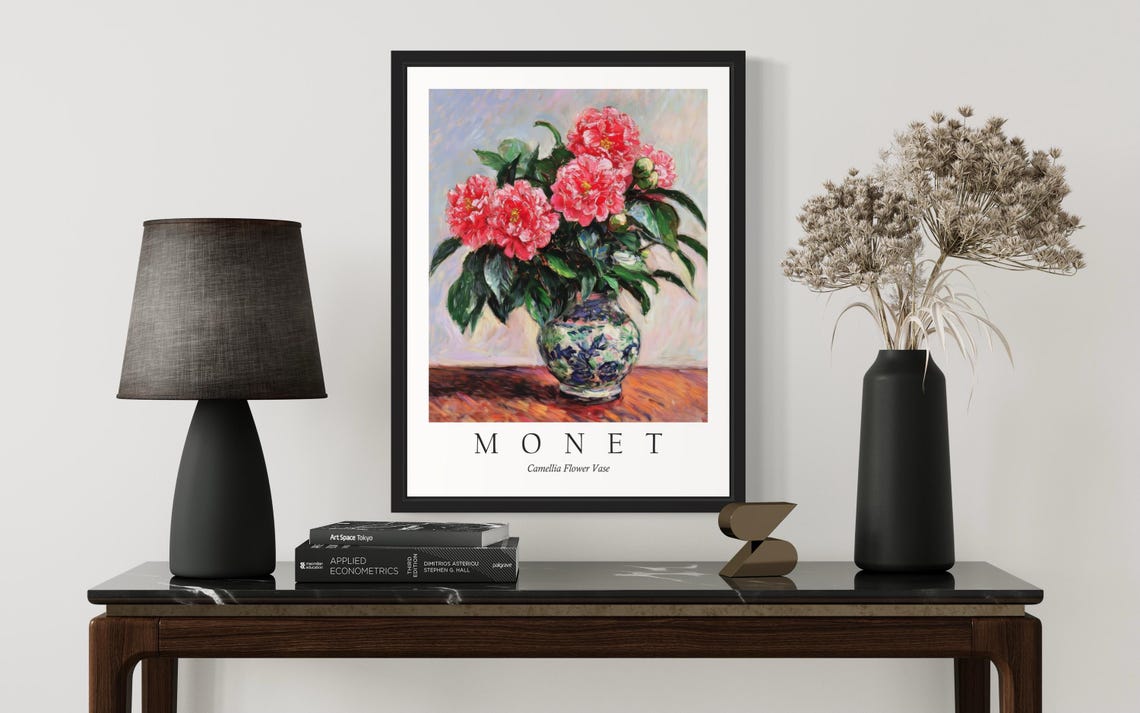 Camellia Flower Vase Pink Blooms Floral Still Life Monet Art Poster - Image 2