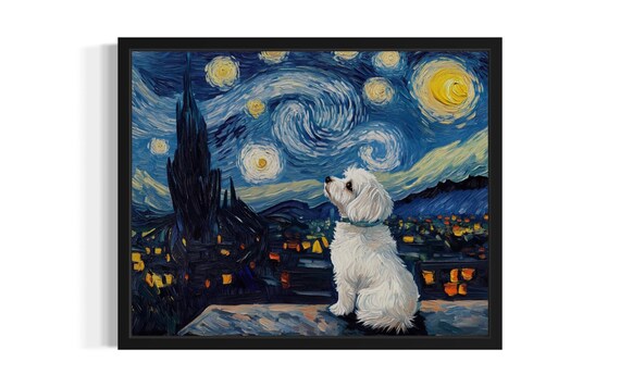 Maltese Dog Starry Night Art Print Wall Poster Original Paint Artwork Decor
