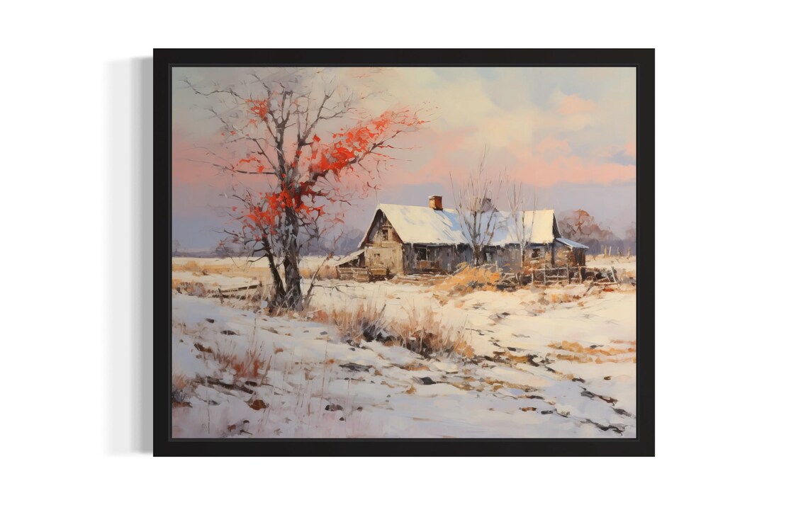 Snowy Farmhouse at Dawn in Quiet Winter Countryside Painting Poster