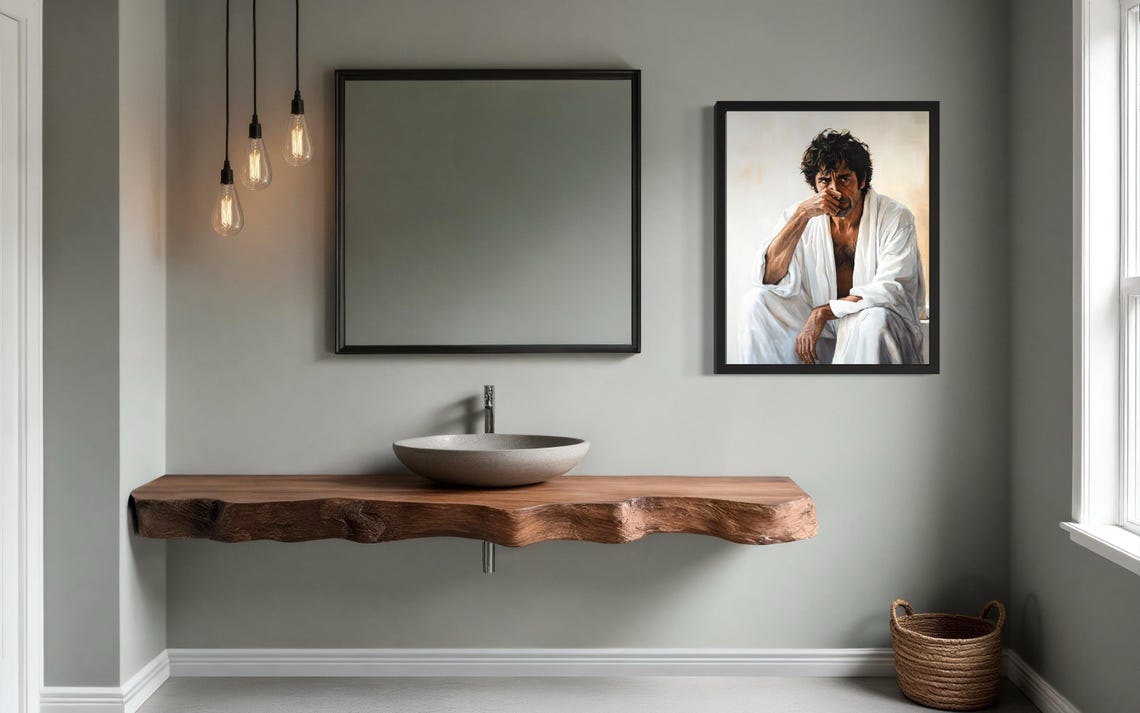 Older Curly Haired Man in White Robe Holding Nose Funny Poster - Image 2