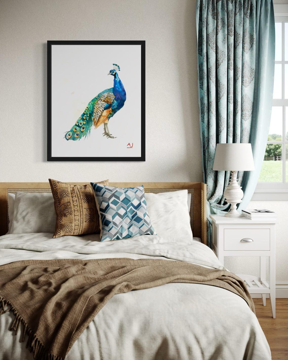 Peacock Displaying Iridescent Blue Green Tail Watercolor Poster - Image 4