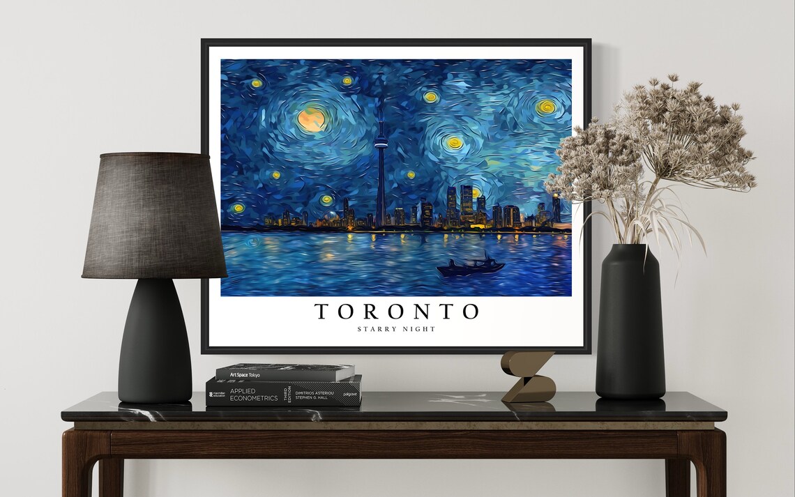 Toronto Starry Night CN Tower Harbor Water Moonlit Night View Art Poster - Image 3