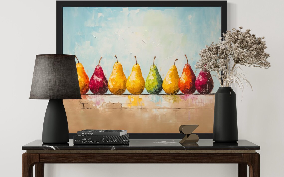 Colorful Row of Ripe Pears on Wooden Shelf Still Life Painting Poster - Image 3