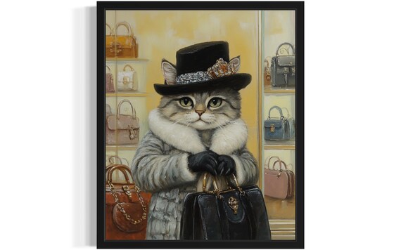 Fashionable Cat in Fur Coat and Top Hat at Luxury Boutique Poster