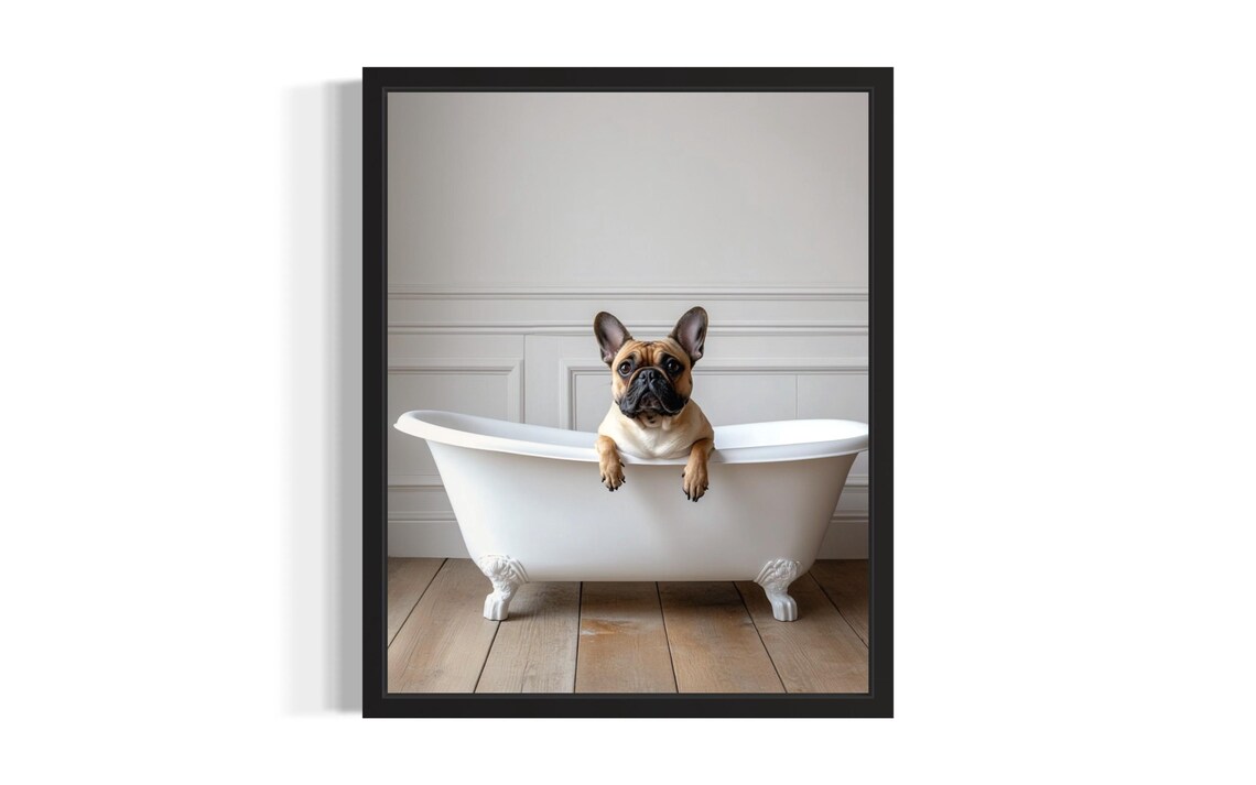 French Bulldog Puppy in White Bathtub Cute Pet Photography Poster