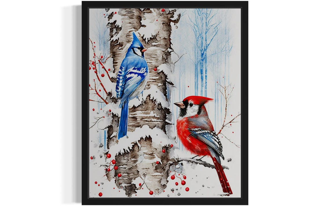 Blue Jay And Red Cardinal In Snowy Birch Forest Winter Poster