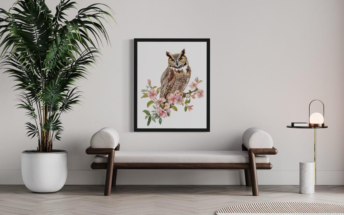 Striking Great Horned Owl on Blossom Branch Watercolor Bird Poster - Image 3