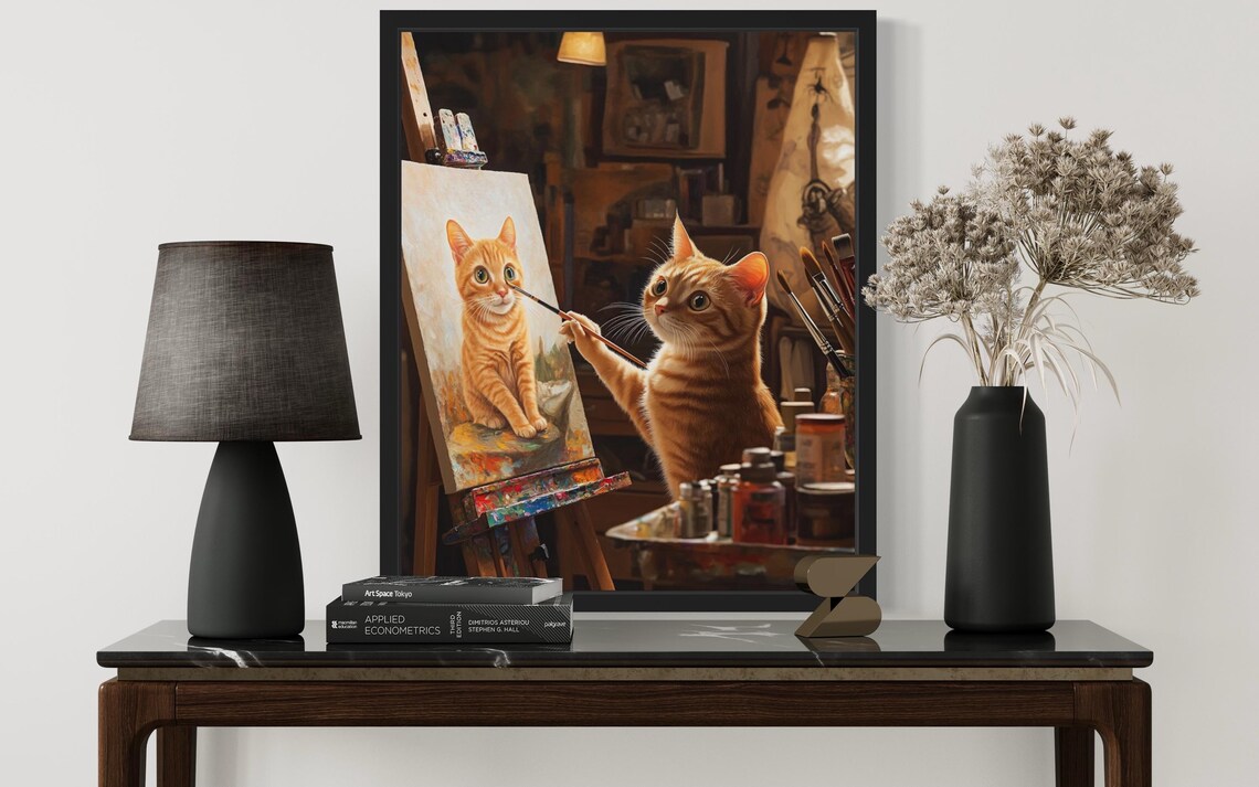 Cat Artist Art Print, Original Paint Artwork - Image 3