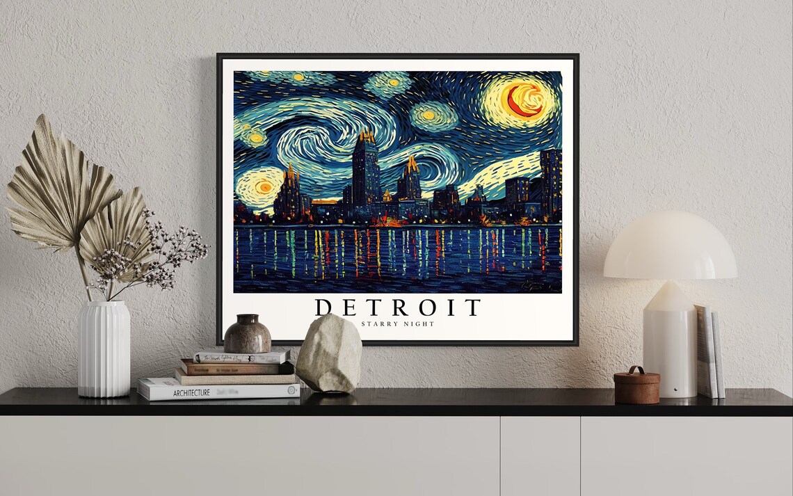 Detroit Michigan Starry Night Skyline Riverfront Night Glow City Art Poster - Image 2