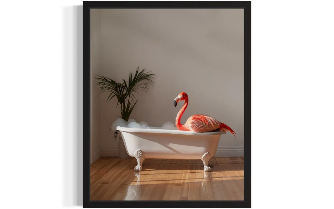 Flamingo Perched on a White Clawfoot Bathtub in Sunlight Photo Poster