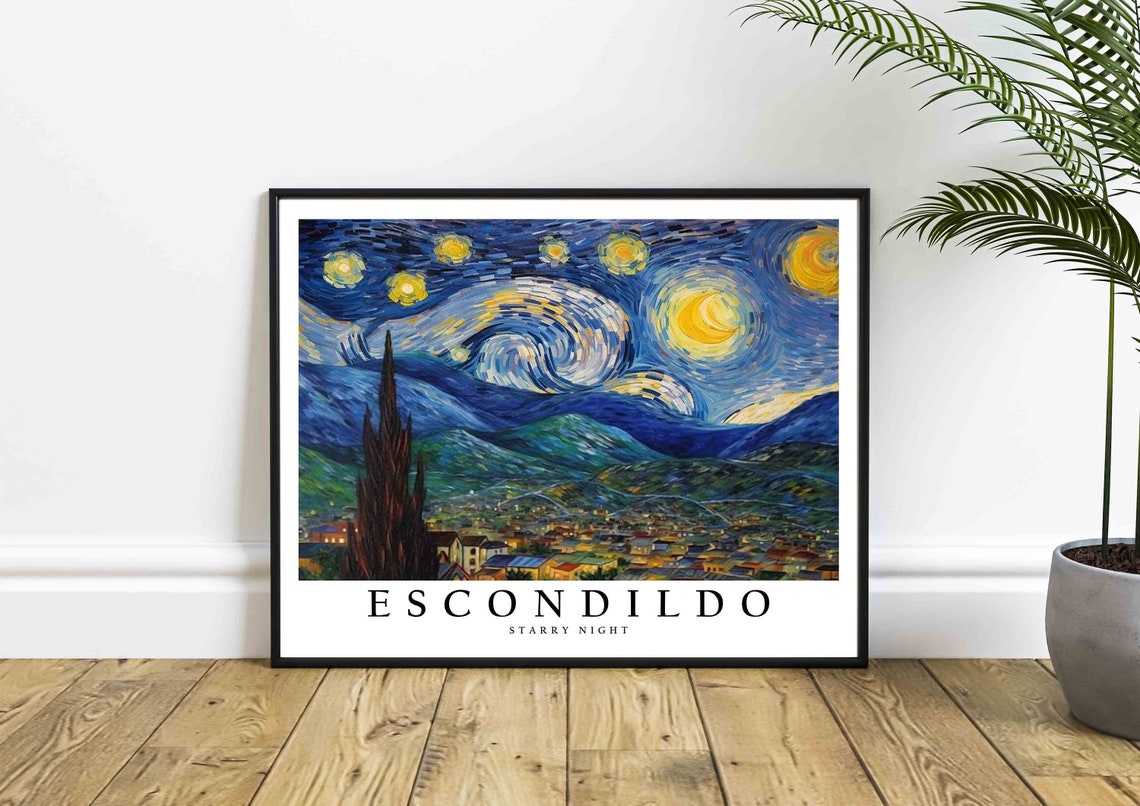Escondildo Starry Night City Hills Tall Cypress Tree View Poster - Image 4